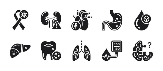 Bold black glyph icons representing various human diseases. Ideal for infographics, healthcare interfaces, and emergency signage.