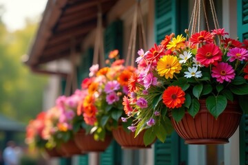 Vibrant overflowing hanging baskets bursting with colorful flowers , plant arrangement, garden, geraniums