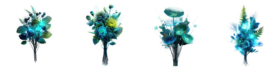 Vibrant floral bouquets showcasing rich blue and green colors, featuring intricate textures and lively organic shapes, perfect for nature-themed decor and artistic designs.