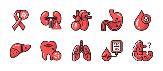 Colorful icons with line art style. Illustrates various diseases including liver, dental, and respiratory issues. Great for educational medical content.