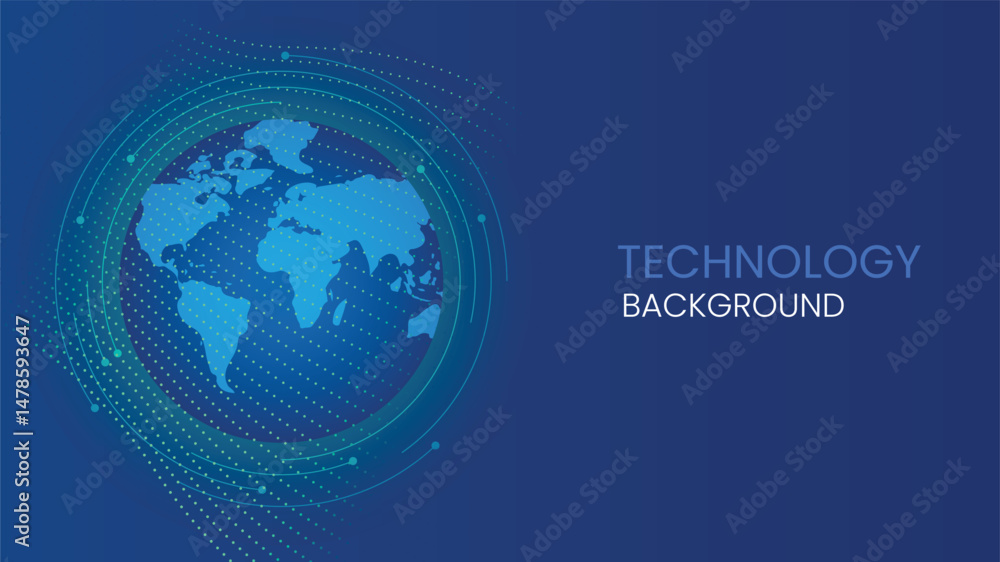 Poster modern abstract tech background featuring a digital world map and circular elements on blue theme