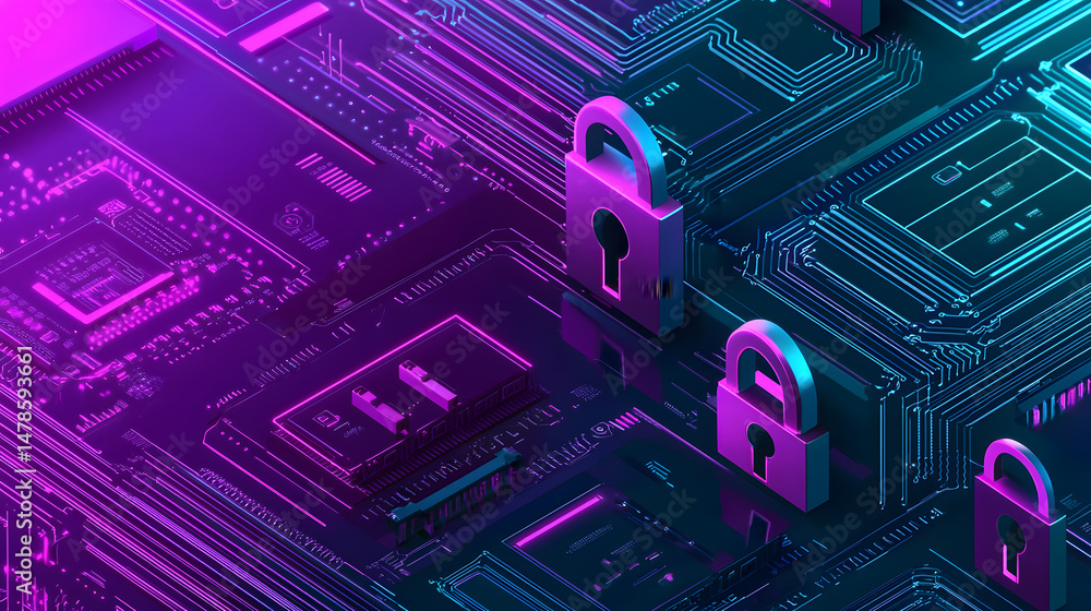 Poster enhancing cybersecurity digital locks and firewalls online safety visual content tech environment se