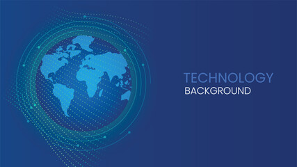 Modern abstract tech background featuring a digital world map and circular elements on blue theme