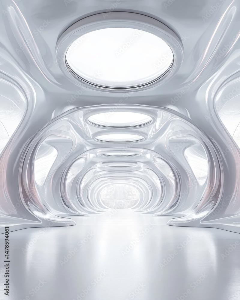 Poster futuristic white interior with oval openings and smooth surfaces perspective view abstract architect