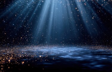 Dark, mystical background with glittering particles and light rays.