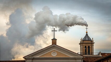Church Steeple and Cross Silhouetted Against Pollution Smoke Plume