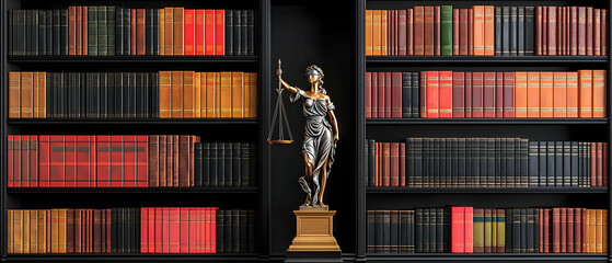 Classic Bookshelf Filled With Vintage Leather Bound Books And A Justice Statue