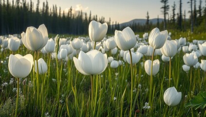 White flowers sunset field landscape.