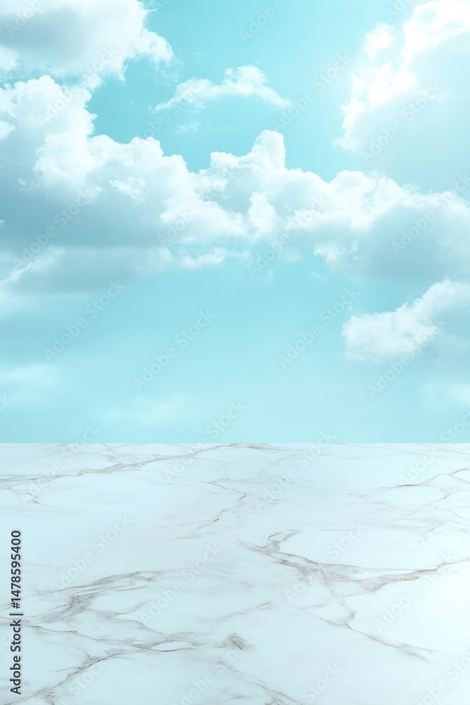 Poster marble surface under a blue sky with fluffy clouds product display background studio shot blank spac
