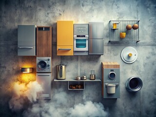 Modern Appliances in Foggy Concrete Setting - Drone Aerial View Stock Photo