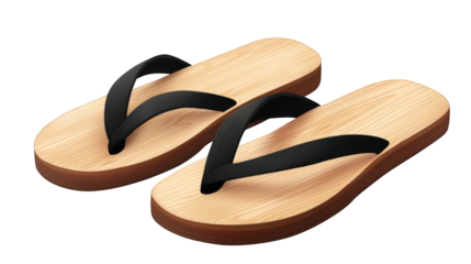 Pair of wooden flip-flops with black straps isolated on a transparent background