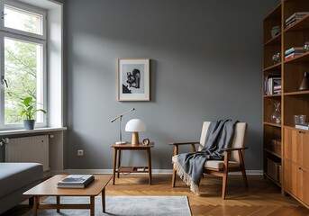 Fototapeta premium Cozy living room interior with armchair, table lamp, and wooden bookcase in a home