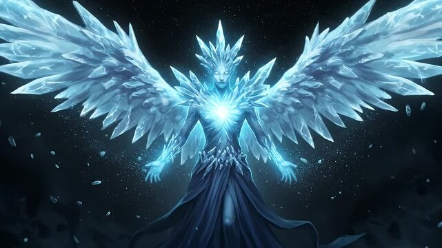 Glowing Ice Angel with Crystalline Wings and Radiant Energy