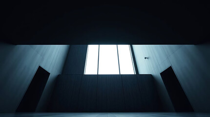 Obraz premium Minimalist architectural interior with bright window and geometric lines in blue tones