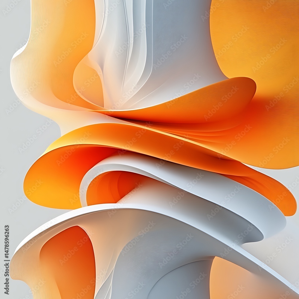 Poster abstract dynamic forms in vibrant orange and white. fluid, organic shapes intertwine in a visually c