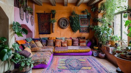 Fototapeta premium Bohemian Chic Living Room Decor: A Vibrant Oasis of Plants and Textiles