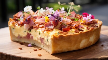 Delicious bacon and herb tart with edible flowers.