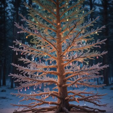 Vibrant Christmas lights illuminating a frosted pine tree ,  serenity,  photography,  branches