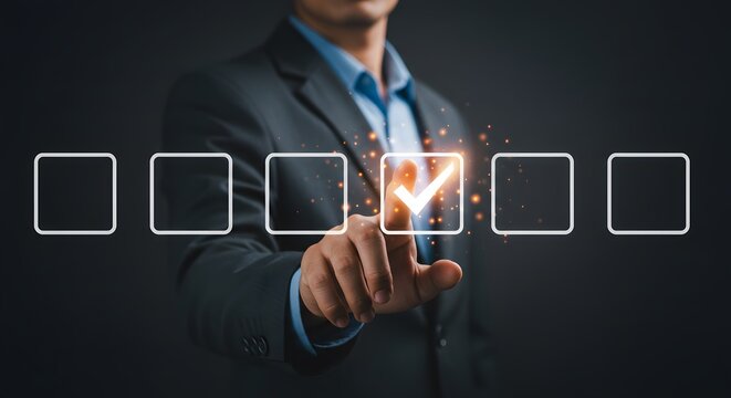 A person in a suit selecting a glowing checkmark box from a row of several empty boxes