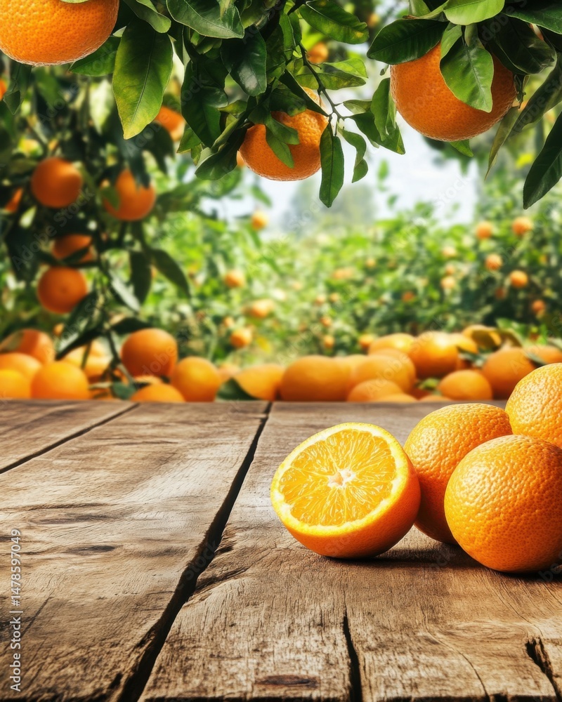 Aufkleber fresh oranges on rustic wooden table in orchard with orange trees in background eye level view healt