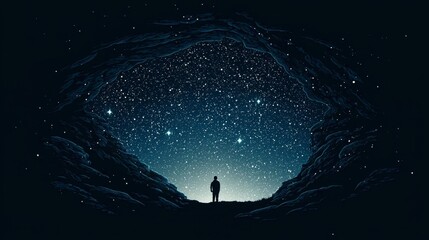 The contrasting beauty of a starry night sky and a cave silhouette.