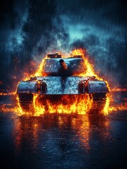 Burning tank in stormy weather