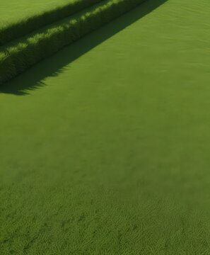 High-angle view, sprawling artificial lawn, sunlit , green background, synthetic grass, outdoor