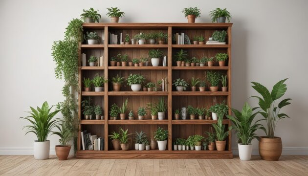 Wooden bookcase filled with various potted plants against white wall, rustic, studio