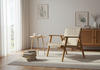 Armchair and side table in a bright living room with books and artwork