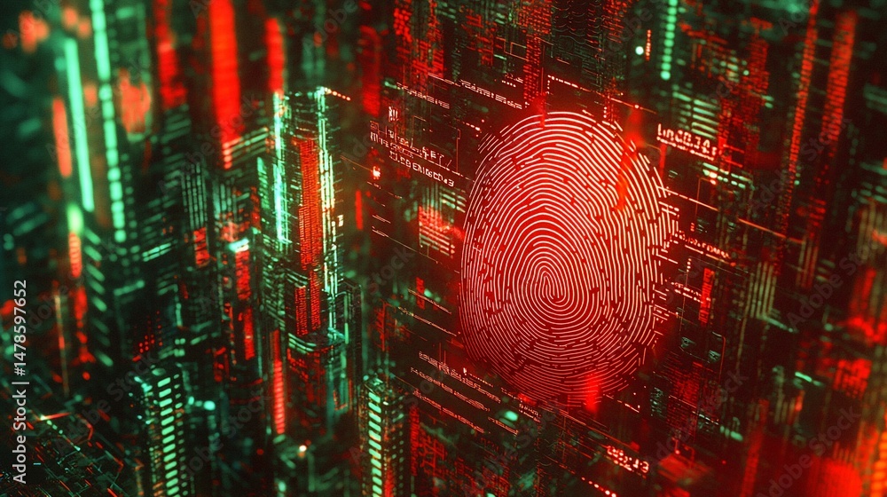 Aufkleber digital identity in a cybernetic metropolis: fingerprint scan on abstract cityscape