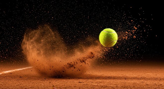 Dynamic tennis ball hitting clay court surface, explosive dust cloud on red clay ground, professional sports action on dark background