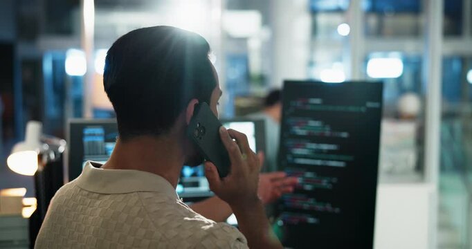 Phone call, back and programmer with person and computer for software developer, code update and design feedback. Research, backend script and app project with employee in agency for web review
