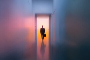 Abstract silhouette of a businessman entering elevator in upward motion, symbolizing career growth, leadership rise, success, opportunity, ambition, and professional advancement