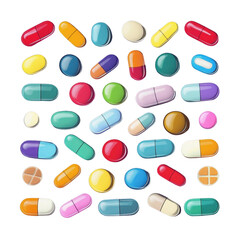 colorful pills and capsules scattered on white background illustration