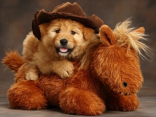 Fototapeta premium Puppy Cowboy on Stuffed Horse