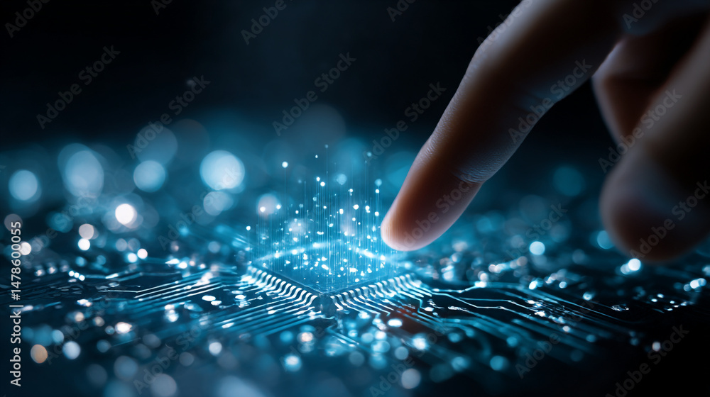 Poster modern technology concept finger touching cpu microchip artificial intelligence iot and future techn