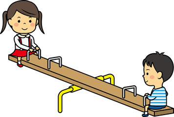 シーソーで遊ぶ幼い男女