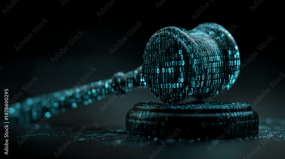 Poster digital law and cyber security concept with binary code gavel for online legal services and justice 