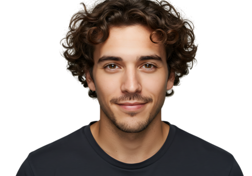 Hipster Headshot: Pleased Expression with Curly Hair and Bristle in High-Quality PNG
