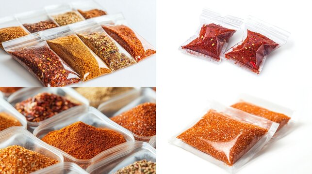 Assorted spice blends in clear plastic bags