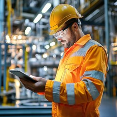 Industrial worker inspecting factory using tablet computer; medium shot of engineer in hard hat and safety glasses