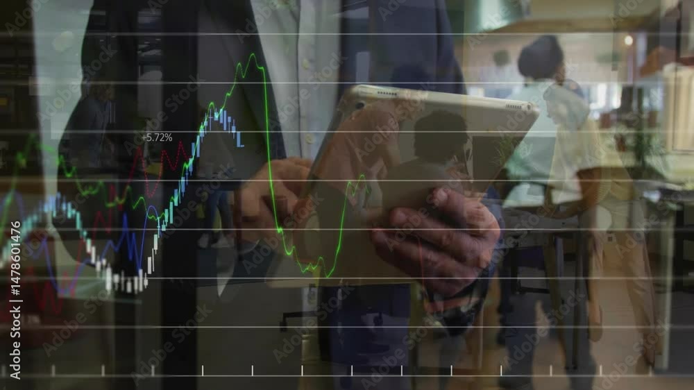 Poster man holding tablet in office, with animated finance graphs and candlestick charts floating