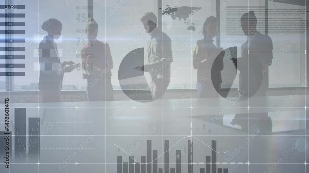 Poster colleagues examining financial data on city-view window, displaying animated charts and metrics