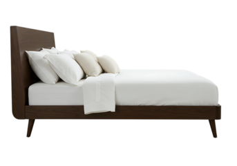 Contemporary Kingsize Bed: Side Profile with Neutral Linens on Transparent Background