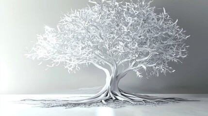 This artwork highlights the contrast of a white tree against a modern interior setting.