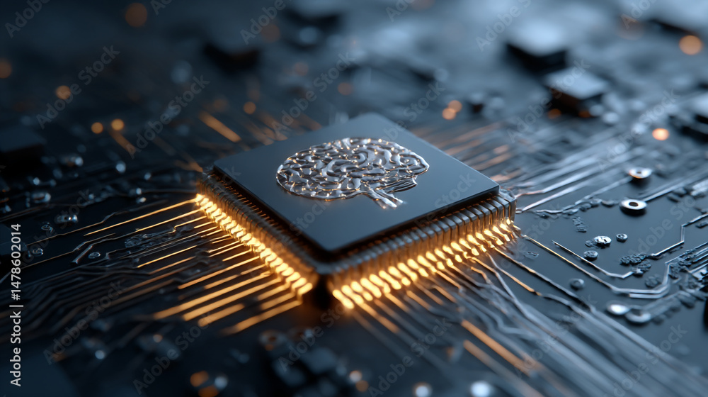 Poster artificial intelligence ai chip brain technology circuit board machine learning future tech concept