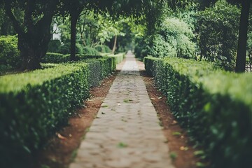 Obraz premium A scenic pathway through a beautifully landscaped garden flanked by lush trimmed hedges on either side