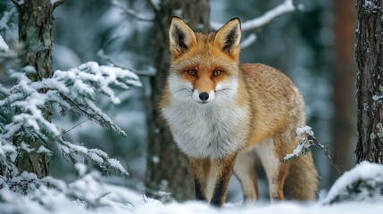 Obraz premium Fox stands alert in a snow-covered forest