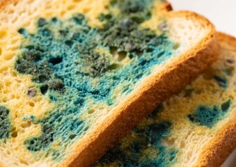 Bright close-up of two slices of bread covered in blue and green mold colonies