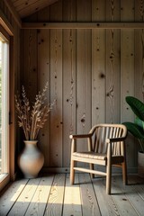 Serene wooden room interior with sunlight streaming through a window, illuminating a rustic wooden chair and dried floral arrangement in a simple vase.